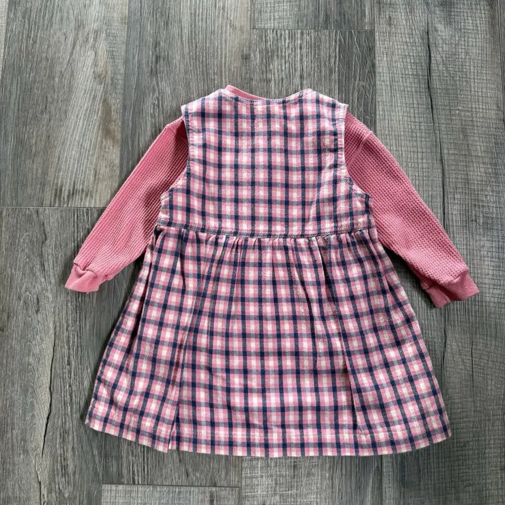 Vtg Lands End 90s Plaid Jumper Dress Girls Toddler 3T Pink Blue Thermal Layered